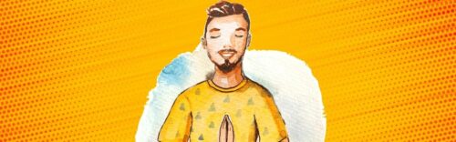 graphic man meditate practice gratitude in yellow dot background