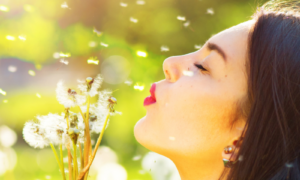 Beautiful young woman blowing dandelions and smiling