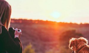woman sits beside little puppy facing backward holding camera watching beautiful sunset