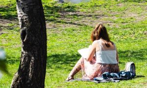 woman sits facing backward on green grass writing sunbathing in sunny sky