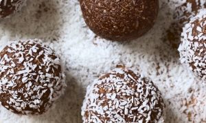 chocolate balls topped with coconut slices