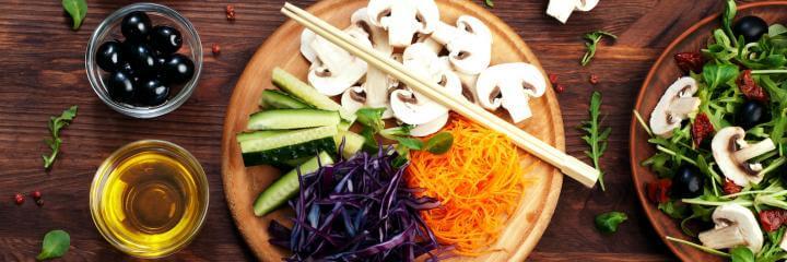 healthy vegetarian dish cucumber mushroom sliced carrot tea cherry