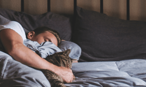 man lies on black pillow hugging pet cat sleeping tight