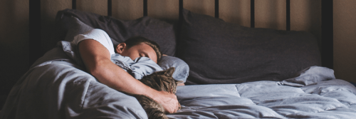 man lies on black pillow hugging pet cat sleeping tight